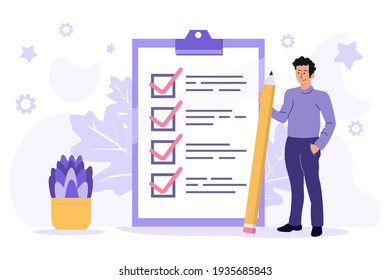 Poster business man with a pencil a marked checklist on a clipboard paper. Successful forming of business tasks. Flat vector illustration. EPS