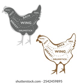 Cartaz de cortes de frango em açougue. Diagrama de silhueta de frango isolado no fundo branco. Ilustração vetorial