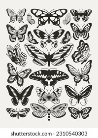 Poster of buterflies with black and white wings in the style of wavy lines and organic shapes. Y2k aesthetic, tattoo silhouette, hand drawn stickers. Vector graphic in trendy retro 2000s style.