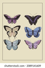 Poster with butterflies in modern, trendy colors, contemporary aesthetic background or card template, vector illustration