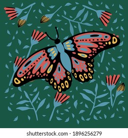 Poster with a butterfly in flowers. In a green rainforest. The Doodle depicted a soaring, colorful, winged, with a mustache pollinating flowers. Spring or summer poster design. Vector illustration