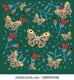 Poster of a butterfly in flowers. Insects hover in the rainforest. Doodle picture of soaring, colored, winged, with whiskers pollinating flying flowers. For your natural spring or summer poster design