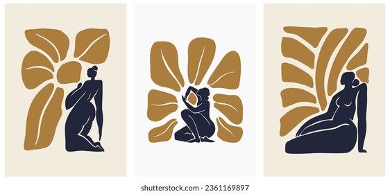 Poster by female figures. Abstract floral vector illustration. Flower market poster concept template perfect for postcards, wall art, banners, etc.