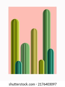 Poster with cacti in the style of minimalism. Simple shapes of cacti on a pink background. Great for wall decor