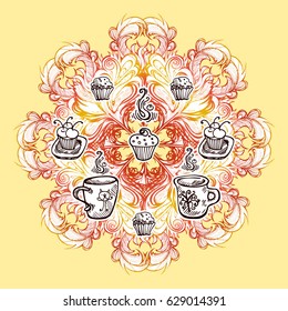 A poster for a cafe or bakery, cooking. Element for the menu design. Image of mugs and cakes on a mandala background. Sweet breakfast.