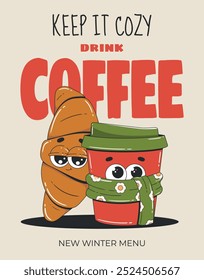 Cartaz para café, cafeteria ou restaurante. Caracteres de desenhos animados Groovy - xícara de café, croissant. Ilustrações de vetor para anúncio, post de mídia social.