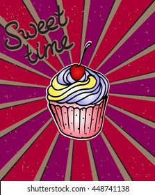 Poster with a cake in bright retro background