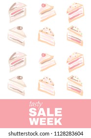 Poster with cakes and discount offer with inscription: "Tasty sale week".