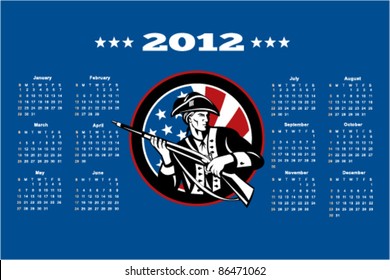 poster calendar 2012 showing American Patriot Minuteman with USA stars and stripes flag done in retro style