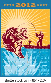 poster calendar 2012 showing Largemouth Bass jumping with fly fisherman fishing on boat done in retro style