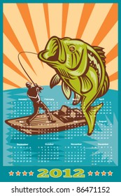 poster calendar 2012 showing Largemouth Bass jumping with fly fisherman fishing on boat done in retro style