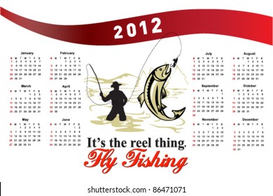 poster calendar 2012 showing Trout Fish jumping with fly fisherman fishing done in retro style with words its the reel thing fly fishing