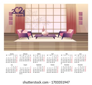 Poster calendar 2021 in English with design elements of a cozy apartment in retro style, vector illustration