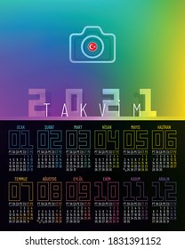 Calendario de afiches 2021 diseño vectorial con 12 páginas y colores arcoiris. Plantilla de calendario para Turquía.