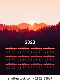 Poster of a calendar for 2023 year. Mountain forest landscape silhouette, sunset or sunrise in the woods. Traveling concept monthly planner template. Printable design. Daily schedule for office.