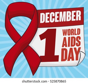 Poster with calendar and reminder date of World AIDS Day decorated with a red ribbon.
