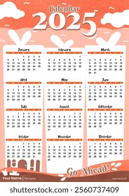 Poster Calender 2025. Cute Design With Coral Color.