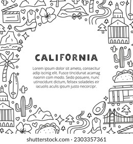 Poster with California national landmarks and attractions in doodle style. American tourism concept. Welcome postcard.