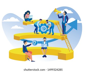 Poster Call Center Organization Structure Flat. Operator Maintains Positive View World. Team Operators Working in Office Under Leadership Head. Man with Loudspeaker Controls Employees. 