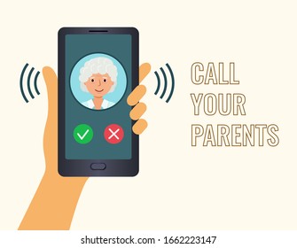 Poster, Call Your Parents. Hand Holding Phone And Calling Mom. Call An Elderly Grandmother. Vector Illustration, Flat Style.