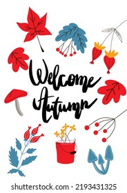 Afiche con letras caligráficas y elementos otoñales aislados sobre fondo blanco. Tarjeta de saludo de otoño.