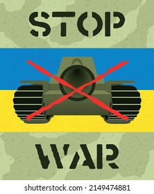 Afiche que pide el fin de la guerra en Ucrania. Cartel contra la guerra, alto a la guerra, llamado a la paz, bandera ucraniana en segundo plano, ilustración vectorial