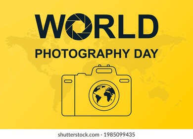 Poster with camera silhouette and world photography day lettering on yellow background. Concept of celebrating the importance of cameras in our life on19 August. Flat cartoon vector illustration