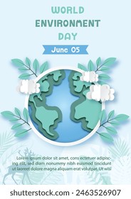 Poster campaign of world environment day with earth and levees, clouds in origami paper cut style and vector illustration design