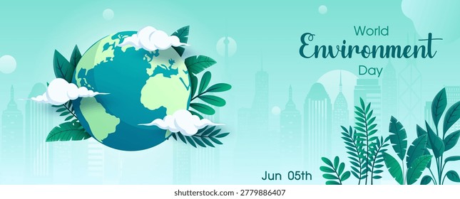 Poster campaign of world environment day with earth and leaves, clouds on cityscape, Ecology concept with green city on earth