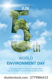 Poster campaign of world environment day in texts cutout design with realistic forest, wording of event on blue sky background. All in vector design