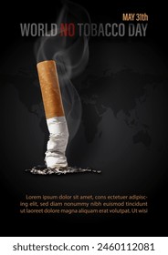 Poster campaign of world no tobacco day with wording of event and example texts on world map and black background.