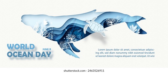 Campaña de afiches del Día Mundial del Océano y escenario de bajo el mar y el océano en forma de ballena con capas de estilo de corte de papel y diseño de Vector.