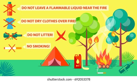 Poster of campground rules with inscriptions. Vector illustration of red tent, burning trees and bushes due to failure to comply with rules