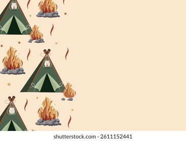 poster with a camping tent and a bright bonfire and gray stones around it on a brown background