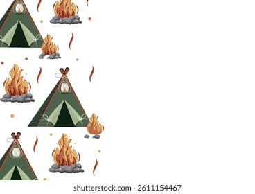 poster with a camping tent and a bright bonfire and gray stones around it