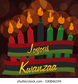 Poster with candles for Kwanzaa celebration decorated with traditional colored flag around it over a dark background with bokeh effect.