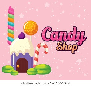 poster of candy shop with cupcake house delicious vector illustration design