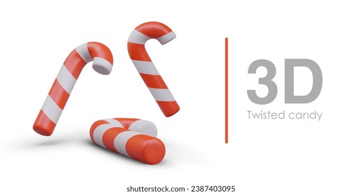 Poster with cane candies in realistic style. Christmas holiday. Concept of twisted candy. Christmas decoration and sweet gift. Vector illustration in 3d realistic style