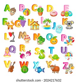 Poster with capital letters of the English alphabet, cute cartoon zoo animals and things. For kindergarten and preschool education. Cards for learning English