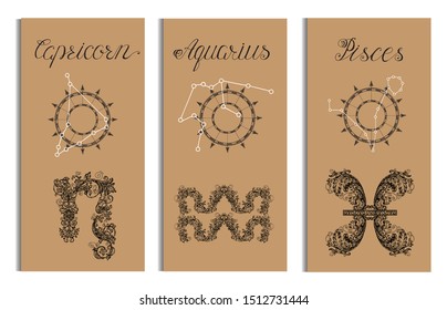 Poster with Capricorn, Aquarius, Pisces Zodiac sign and constellation. Collection of astrological symbols in victorian and baroque style. Design set with vector illustration for Horoscope