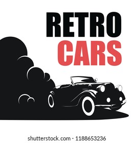 Poster of the car of the 1920s that leaves the smoke and the inscription of a retro car