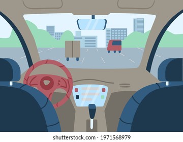 Poster with car interior, vehicle inside view. Empty automobile salon with passengers seats, steering wheel, drive and dashboard. Flat cartoon vector illustration.