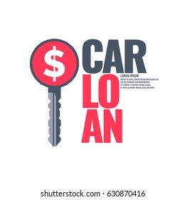Poster an car loan with key and dollar sign. Vector illustration in a flat minimalist style