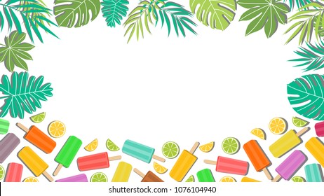 Poster, card or banner of colorful ice cream or popsicle with tropical leaves. Copy space for text. Vector illustration in flat style design