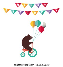 Poster or card for birthday. Decoration like ribbon, confetti, flag.  Bear with balloons on cicle. Greeting or invitation