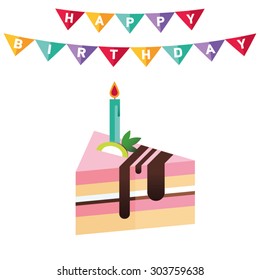 Poster or card for birthday. Decoration like ribbon, confetti, flag. Birthday cake with candle. Greeting or invitation. Colorful