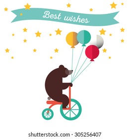 Poster or card for birthday. Decoration like ribbon, confetti, flag.  Bear with balloons on cicle. Greeting or invitation