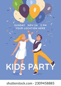 poster, card with children's birthday. a boy and a girl are holding balloons. Large text. Vector flat illustration