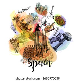 Poster / card / composition of colorful hand drawn sketch style Spain related objects isolated on white background. Vector illustration.