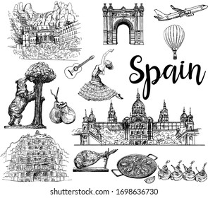 Poster / card / composition of colorful hand drawn sketch style Spain related objects isolated on white background. Vector illustration.